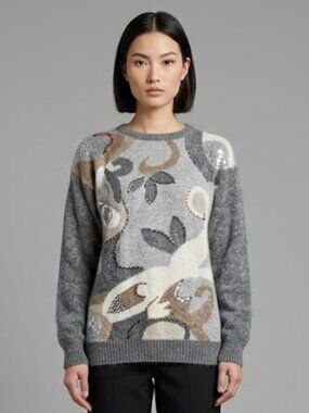 M Vintage 80s SEGUE Gray Silk Angora Abstract Sequin SOFT Knit Sweater 1980s